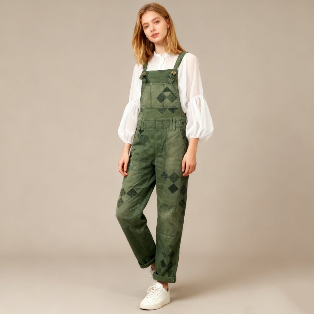NWOT Anthropologie Pilcro Wanderer Patchwork Overalls Size 27 Green Cotton Blend